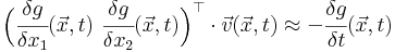 \Big(\cfrac{\delta g}{\delta x_1}(\vec{x},t)\ \cfrac{\delta g}{\delta x_2}(\vec{x},t)\Big)^\top\cdot\vec{v}(\vec{x},t)\approx-\cfrac{\delta g}{\delta t}(\vec{x},t)