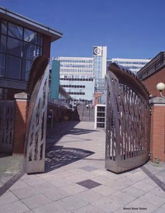 Steel gates of entrance to City Campus next to Sheaf Building