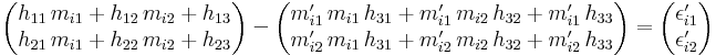 \begin{pmatrix}h_{11}\,m_{i1}+h_{12}\,m_{i2}+h_{13}\\h_{21}\,m_{i1}+h_{22}\,m_{i2}+h_{23}\end{pmatrix}- \begin{pmatrix}m^\prime_{i1}\,m_{i1}\,h_{31}+m^\prime_{i1}\,m_{i2}\,h_{32}+m^\prime_{i1}\,h_{33}\\ m^\prime_{i2}\,m_{i1}\,h_{31}+m^\prime_{i2}\,m_{i2}\,h_{32}+m^\prime_{i2}\,h_{33}\end{pmatrix}= \begin{pmatrix}\epsilon^\prime_{i1}\\\epsilon^\prime_{i2}\end{pmatrix}